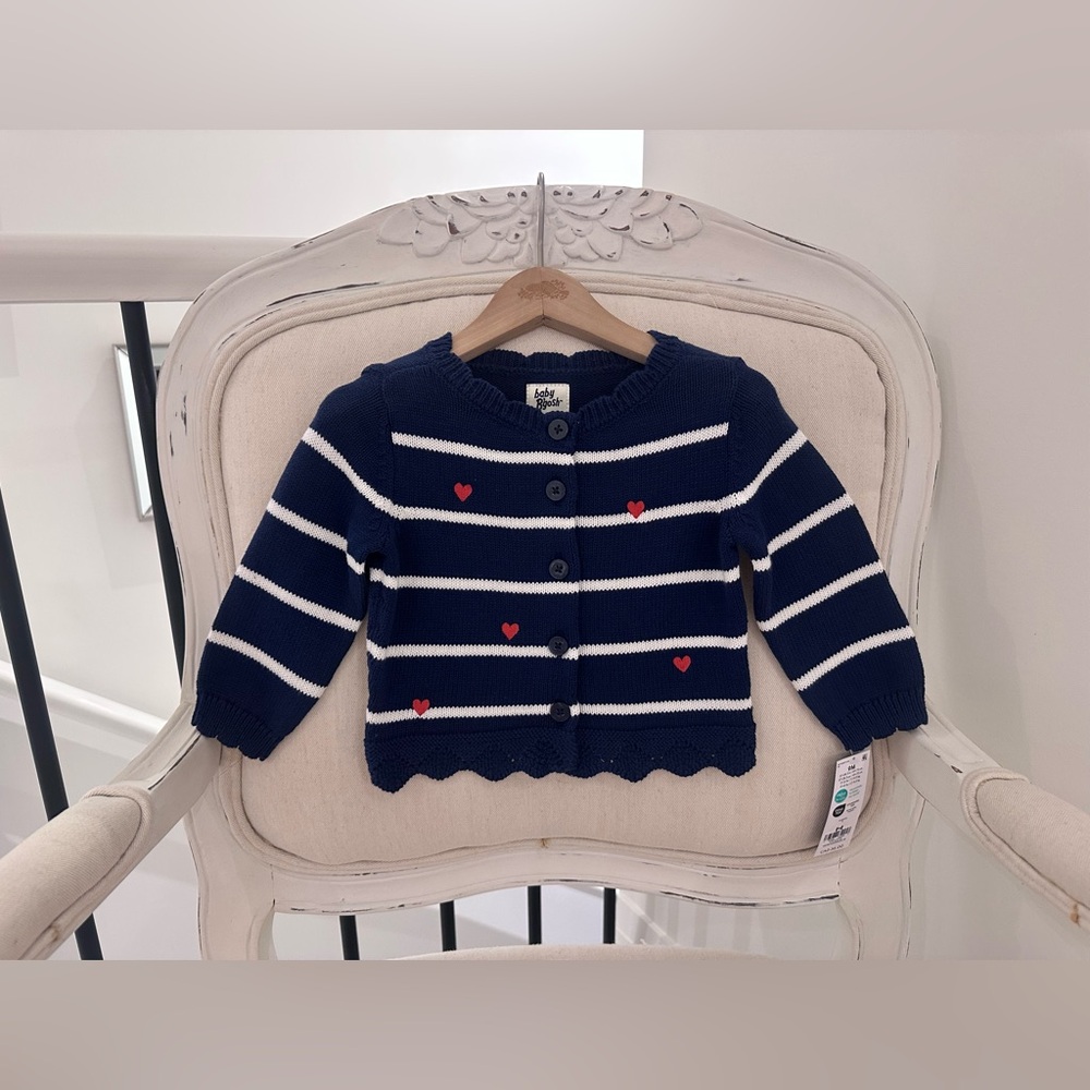 🤍 9 Mth Cotton Navy Baby Cardigan with White Stripes and Red Hearts NWT